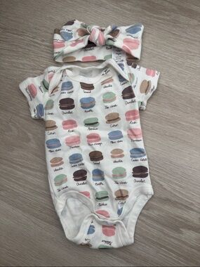 White Macaron Print Baby One-Piece Bodysuit with Matching Headband